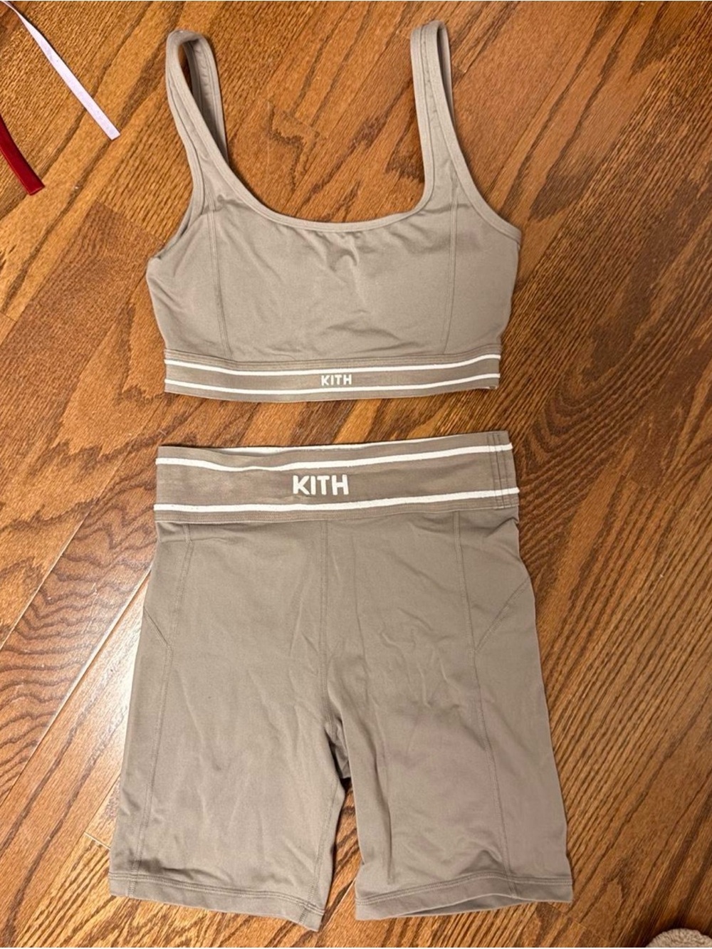 KITH Women Sports Bra + Biker Shorts Set Taupe Tan Logo Band Size Set
